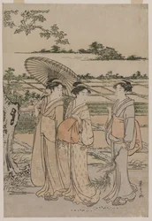 Três mulheres passeando no campo