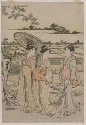 Três mulheres passeando no campo, em meados da década de 1780.