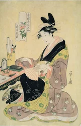 Mulher, quadro, em, dela, escrivaninha, (color, woodblock, print)