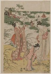 Mulheres a perseguir grilos numa charneca outonal, início da década de 1790.