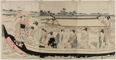 Mulheres em um barco de recreio no rio Sumida