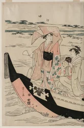 Mulheres em um barco de recreio no rio Sumida