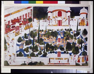 Maharana Bhim Singh brinca com fidalgos na piscina do palácio