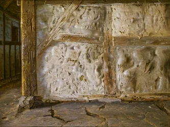 Muro branqueado a cal e em enxaimel