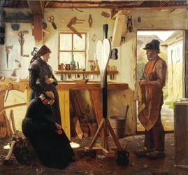 Duas mulheres visitam o artista da aldeia para ver a cruz de sepultura encomendada