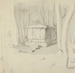 A Stone Tomb in a Forest, verso: Estudo de uma flor, 1830.