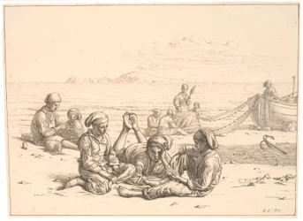 Pescadores napolitanos jogando cartas. Mais pescadores estão ocupados com suas redes. Ao fundo está Capri