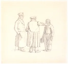 Três pessoas conversando; padeiro Købke, de costas para o meio, t.v. major Krohn e t.h. sargento escravo Spröch