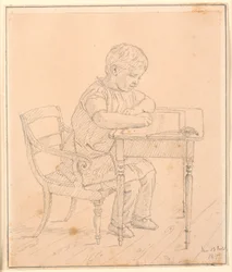 O filho do artista, Peter, a escrever numa lousa