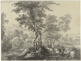 Paisagem arborizada com viajantes