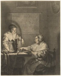 Interior com senhora e empregada à luz de velas