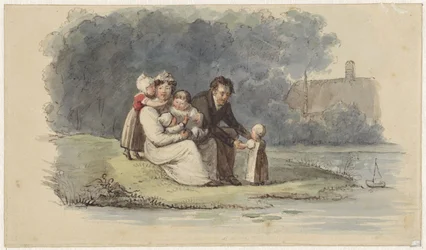 Família sentada junto à água