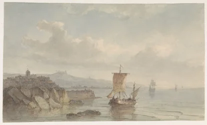 Paisagem costeira com porto e navios na água