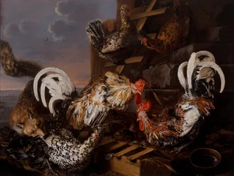 Uma cena no pátio da quinta com uma raposa a atacar bantams