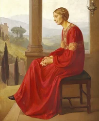 Uma mulher de vestido vermelho sentado em um terraço em uma paisagem italiana