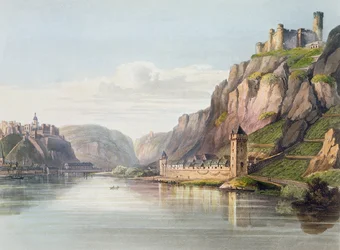 St. Goarshausen, St. Goar e Rheinfels, gravados por T. Sutherland, de "Uma viagem pitoresca ao longo do Reno, de Mentz a Colônia", publicado por R. Ackermann, Londres, 1819