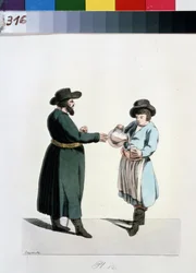 Serie sur les marchands de Moscou : vendeur de kvas (kwas ou kwass). Kvass vendor (da série The Moscow Merchants). Dessin por Christian Gottfried Heinrich Geissler (1770-1844)