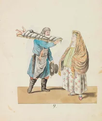 Açougueiro com porco na tábua e comerciante Da série The St. Petersburg..., 1799.