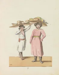 Vendedor de frutas e camponês vendendo queijo e arenque Da série The St. Petersburg..., 1799.