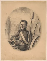 Retrato de um jovem soldado, kepi na mão direita, a apoiar um cano de arma (auto-retrato?)