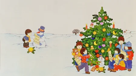 Carol Singers na frente de uma árvore de Natal