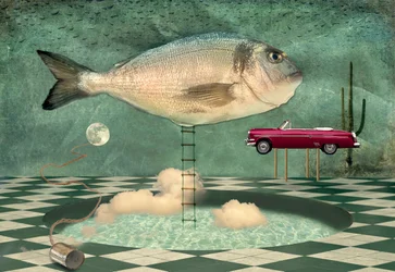 Paisagem onírica surreal com peixes