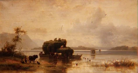 Uma Paisagem do Lago com Camponeses e Barcaças Haybarges