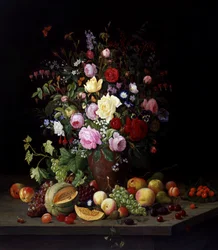 Natureza-morta de flores e frutos. Pintura de Christian Mollback (1853-1921) Coleção particular.