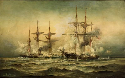 Kearsarge e Alabama fora do porto de Cherbourg na França, 19 de junho de 1864, c.1870