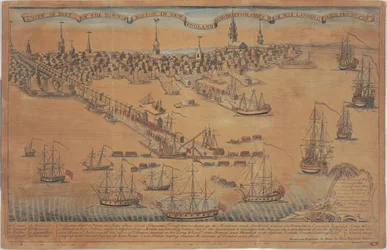 A View of Part of the Town of Boston In New England and Brittish Ships of War Landing Their Troops!