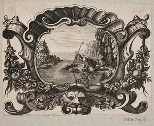 Emblema com um pastor refletido em um lago