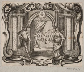 Emblema com portal, homem e mulher, cupido e dois corações ardentes