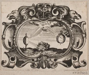 Emblema com sol irradiando através de um anel e através de um vidro em chamas para acender um fogo
