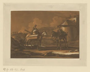 Dois cavalos embalados fora da muralha da cidade, em um deles uma criança sentada
Cavaleiros, cavalos e batalhas (título da série)