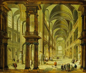 Um interior imaginário da igreja com figuras,