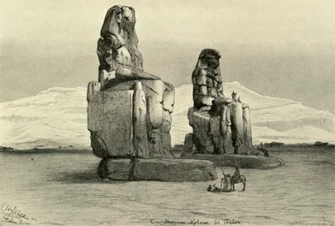 Colossos de Memnon em Tebas, Egito, 1898.