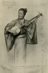 Mulher tocando shamisen, Mentaki Falls, Kobe, Japão, 1898.
