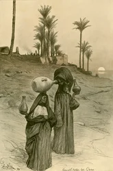 Mulheres carregando potes de água nas margens do Nilo, Cairo, Egito, 1898.