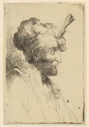 Retrato de busto de um homem com gorro de pele e bigode, de perfil para a direita