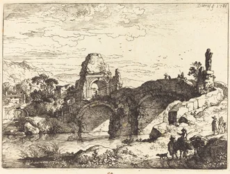 Paisagem com uma ponte e uma torre em ruínas
