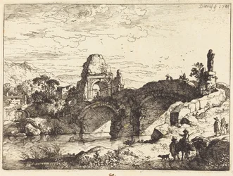 Paisagem com uma ponte e uma torre em ruínas