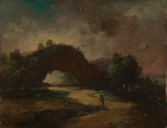 Paisagem com um arco rochoso coberto de arbustos