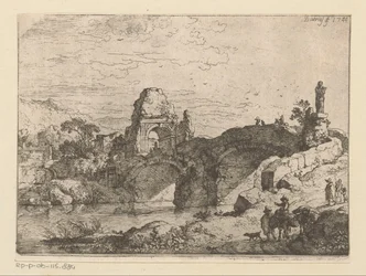 Paisagem com a ruína de um portão junto a uma ponte dilapidada
