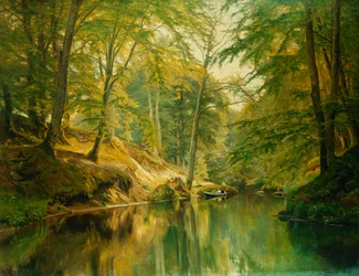 Uma paisagem de rio arborizado com figuras em um barco, 1893