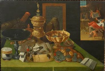 Alegoria das riquezas mundanas com a cena da morte do homem rico, c. 1600.