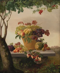 Uma cesta de frutas em uma paisagem