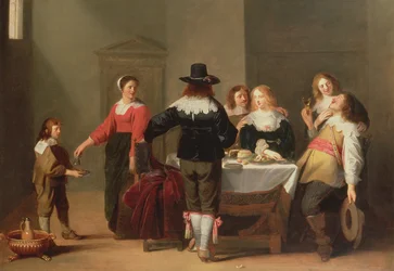 Um interior de sala de guarda com soldados comendo e bebendo em uma companhia feminina, 1639
