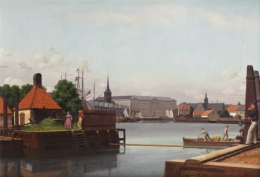 Dinamarquês: Børsen, Christiansborg, Holmens Kirke, set fra Asiatisk Kompagnis Plads A Bolsa, Christiansborg e a igreja de Holmen, vistas do local da Companhia Asiática.