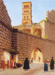 A muralha que rodeia o Fórum de Augusto, com o templo de Marte Ultor e o campanário da igreja de São Basílio, em Roma.