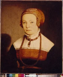 Retrato de uma mulher. Pintura de Christoph Amberger (por volta de 1500-1562), óleo sobre madeira, após 1548. Arte alemã